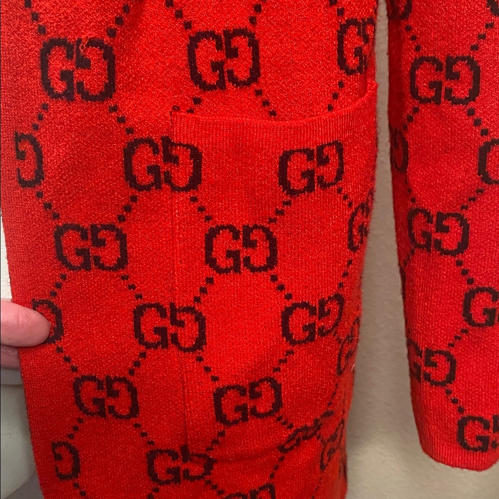 Double GG print red black hooded long cardigan sweater - Picture 6 of 9